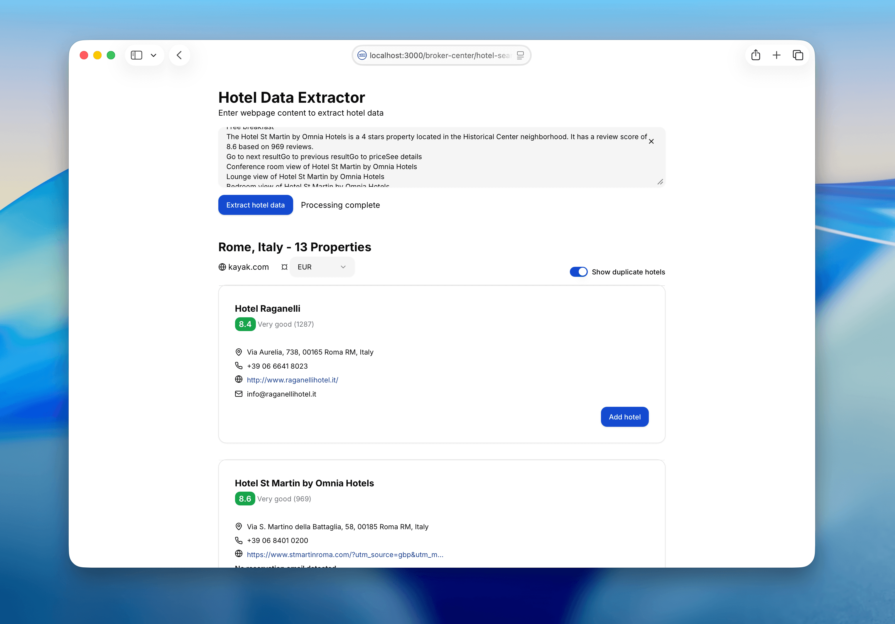 Broker Center hotel data extractor — raw text input and extracted hotel cards