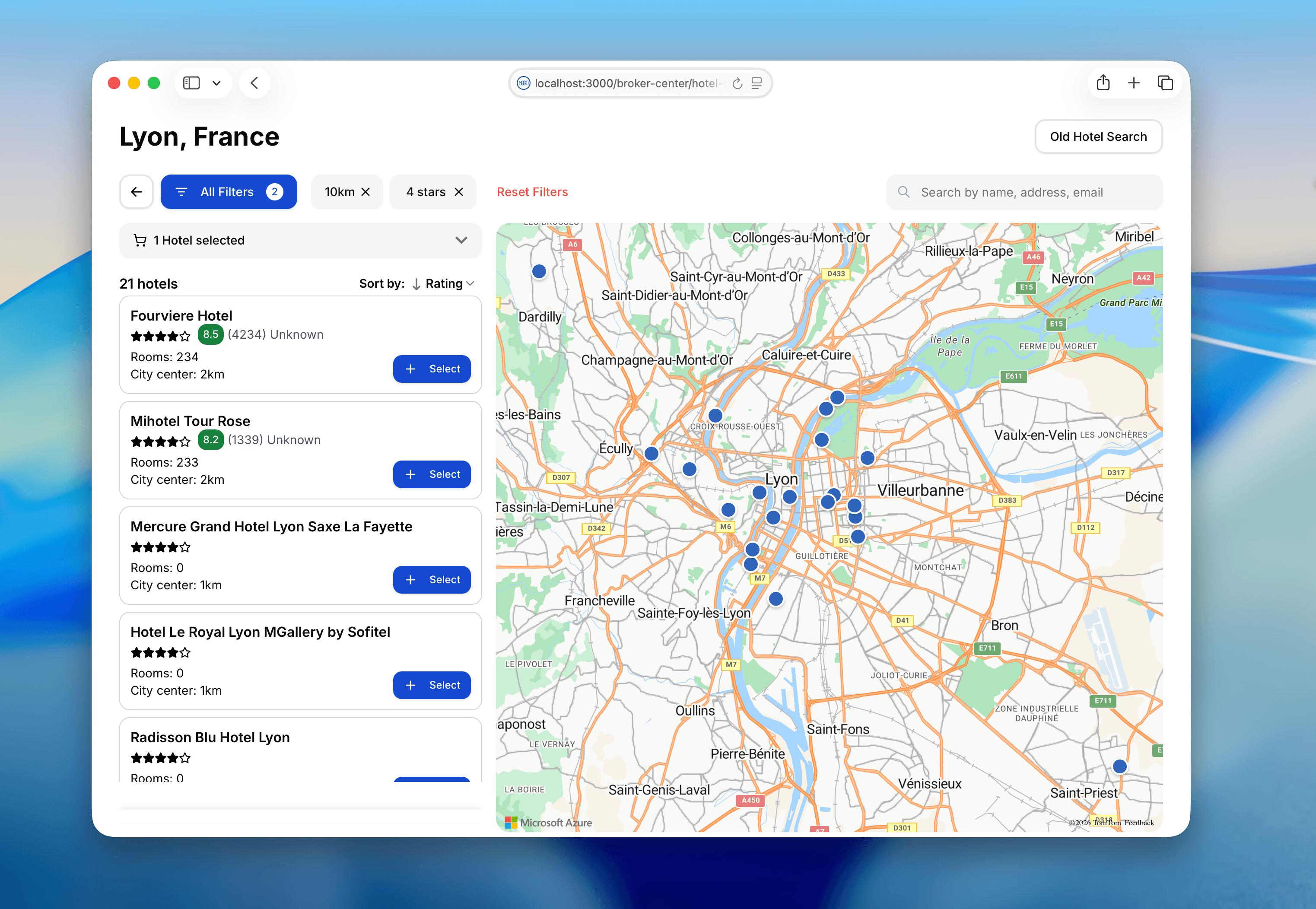 Broker Center hotel search — map view of Lyon with list of hotels and ratings