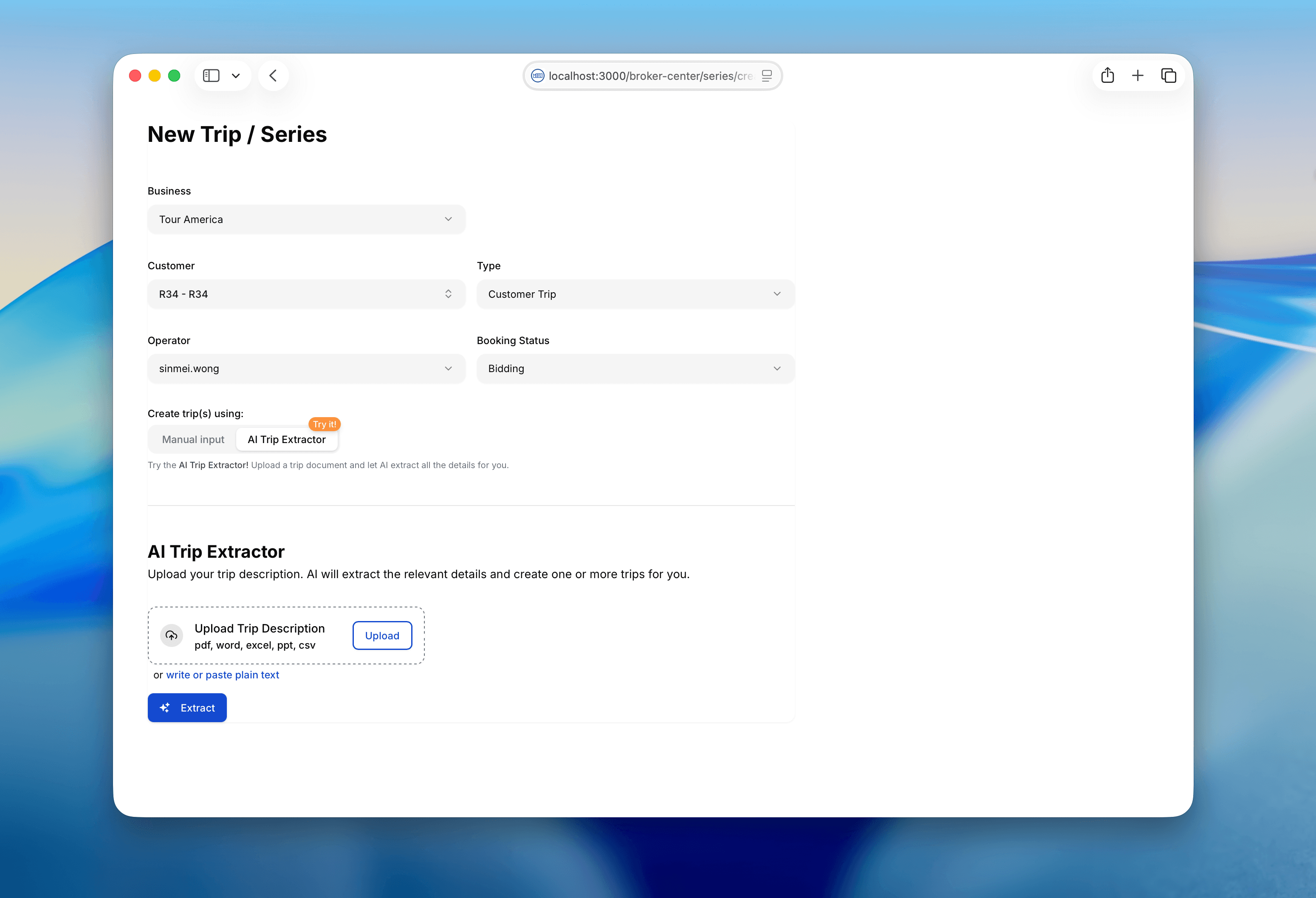 Broker Center AI Trip Extractor — upload field and Extract button