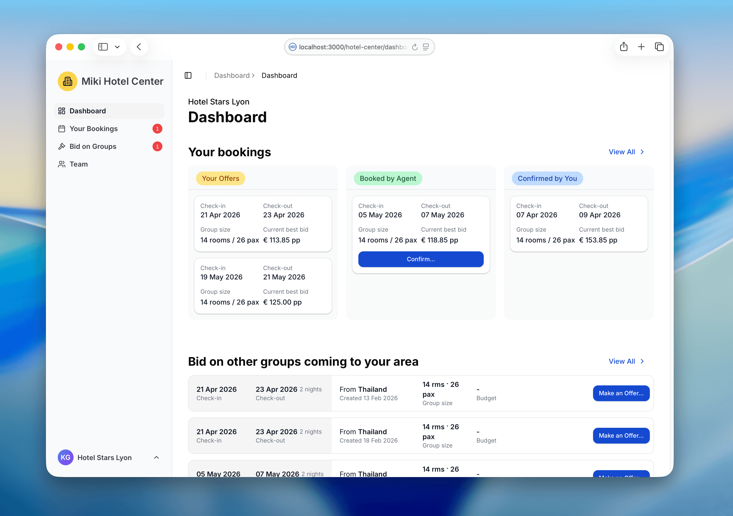 Hotel Center dashboard — bookings summary by status and open market groups to bid on