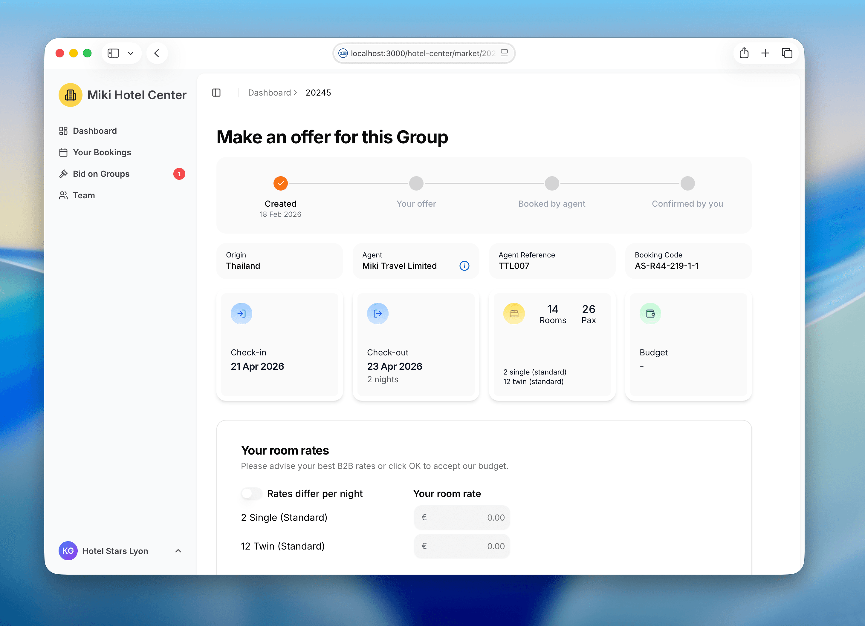 Hotel Center make-an-offer page — group details and room rate input fields