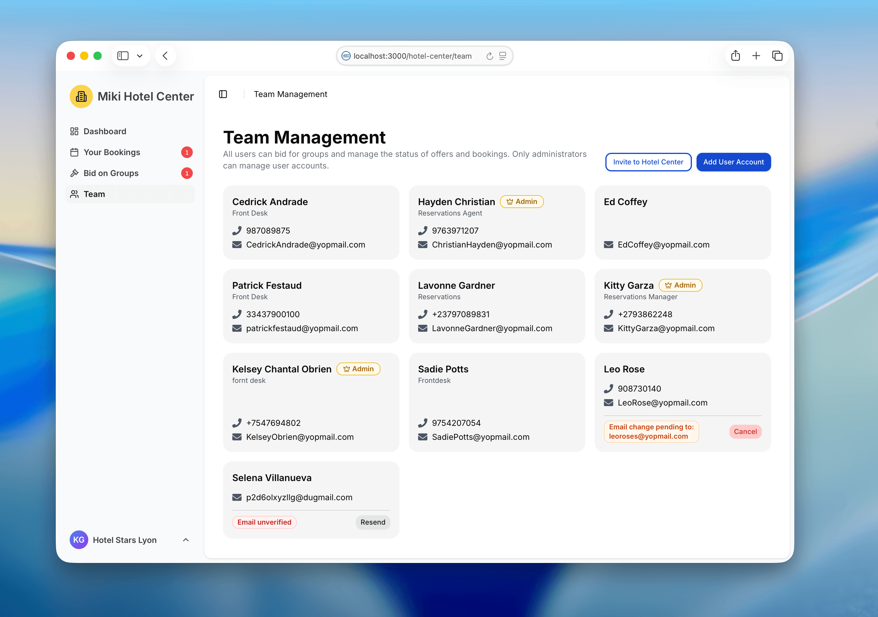 Hotel Center team management — user accounts with roles and admin badges