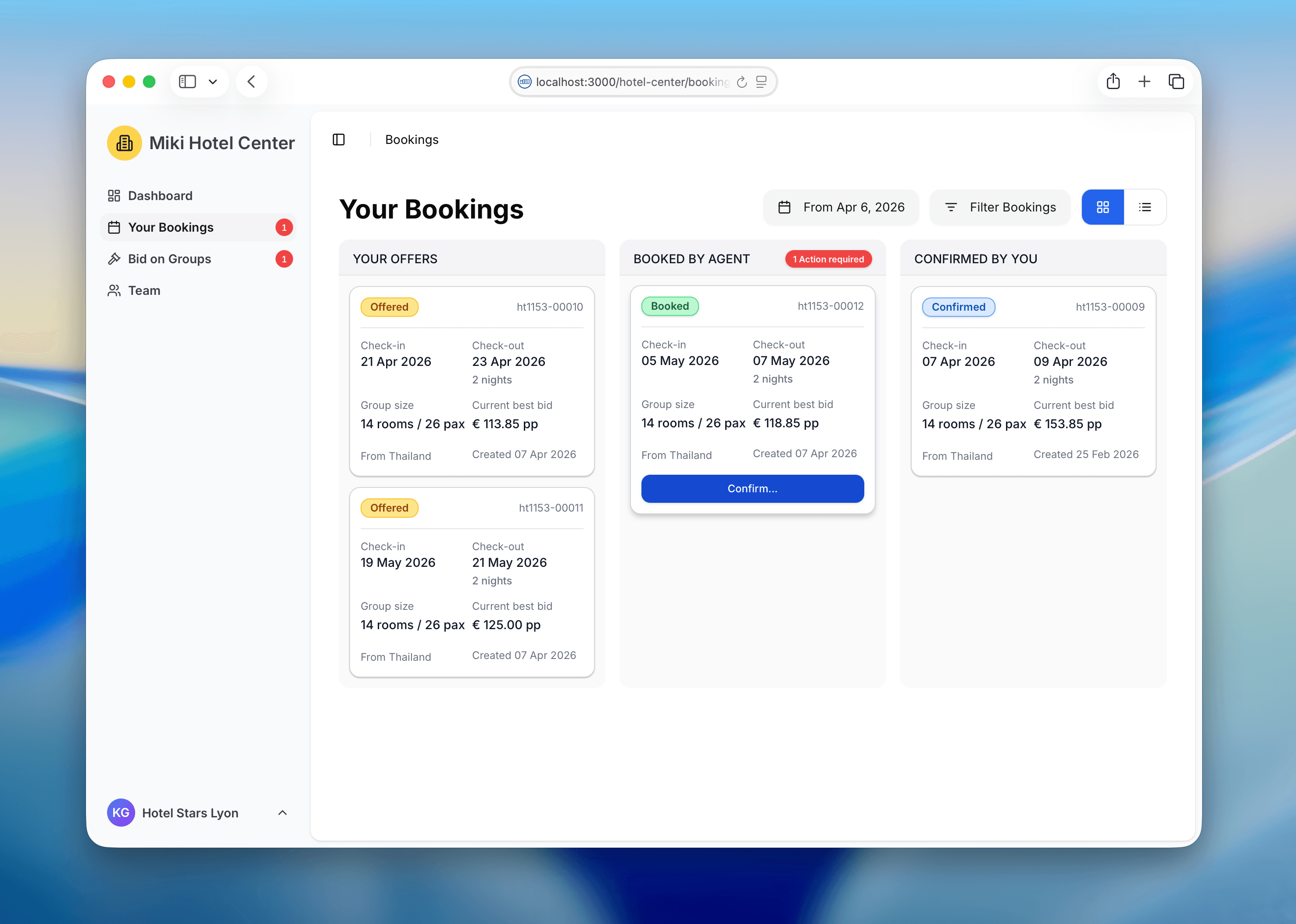 Cerbex Hotel Center bookings kanban with offer, booked, and confirmed columns
