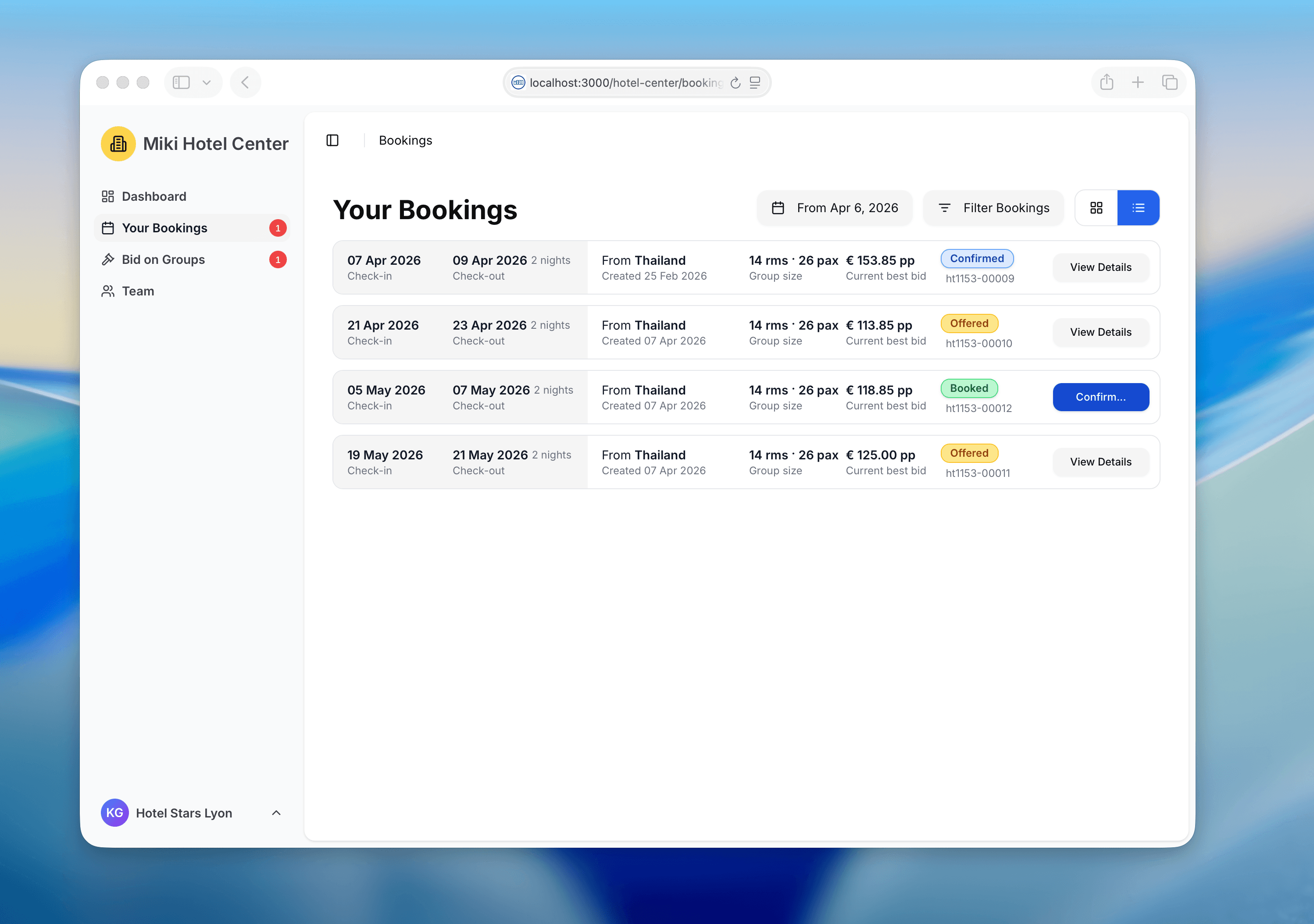 Hotel Center bookings — list view with status badges and inline confirm button