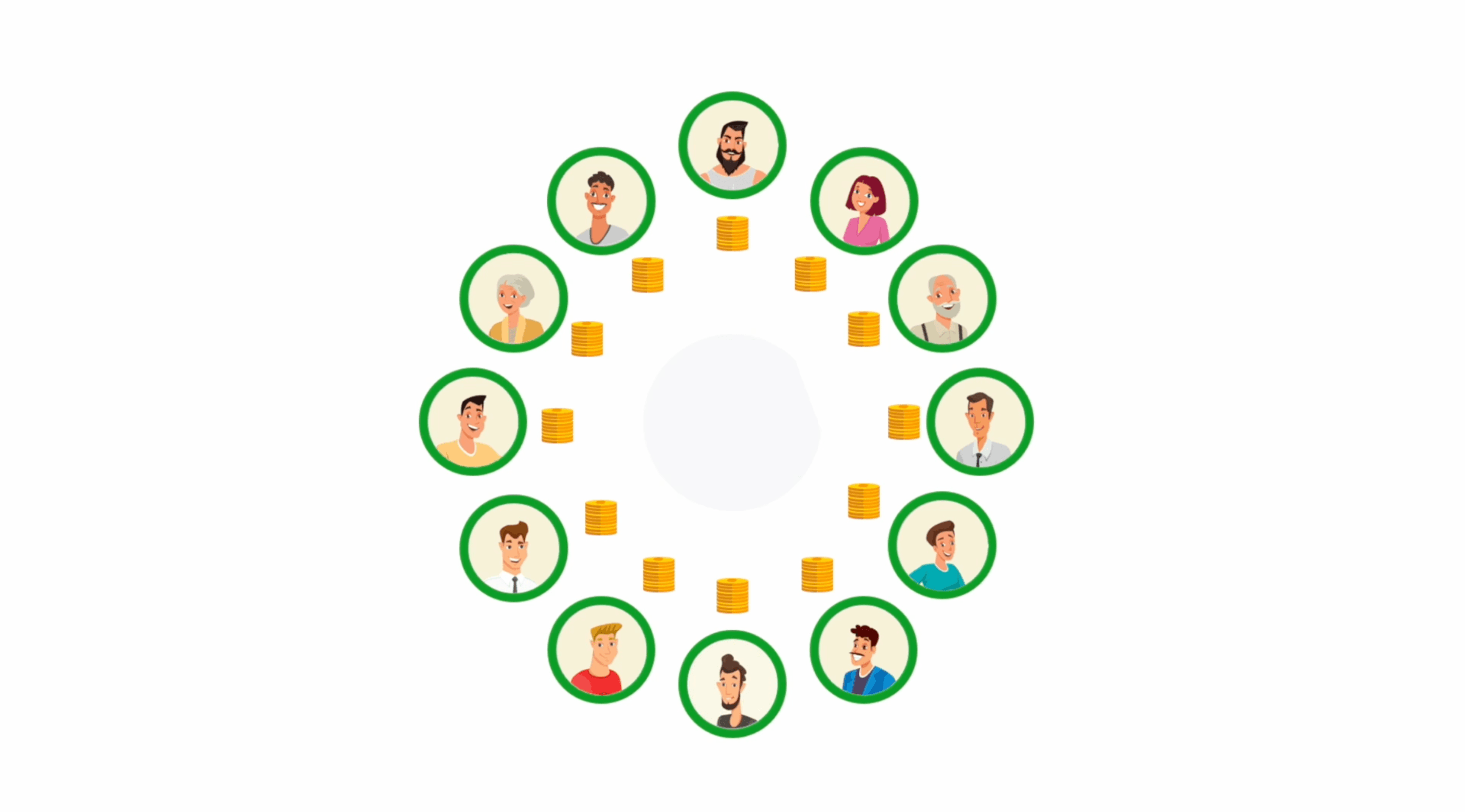 Illustration of people arranged in a lending circle, each contributing coins to a shared pool