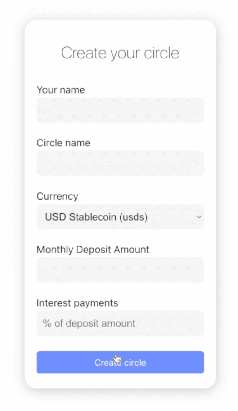 Create your circle form — name, currency selector, monthly deposit amount, interest rate