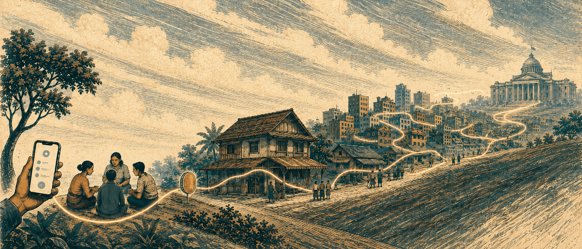 Panoramic illustration of a golden line tracing from a phone and community circle through village and city to a government building on a hill
