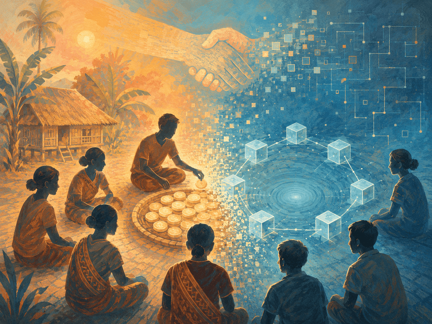 Illustration of a traditional Lao lending circle transitioning into a smart contract — organic village scene on the left, digital blocks on the right