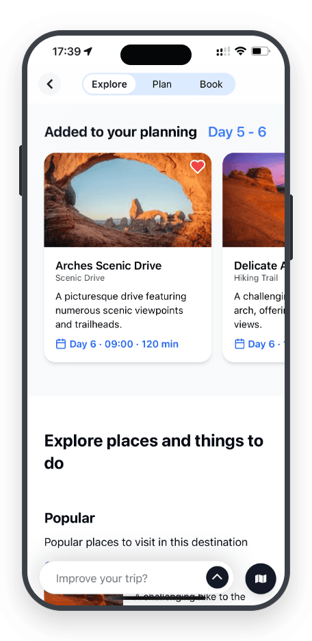 TravelBot — favorited places added to the itinerary with day and time
