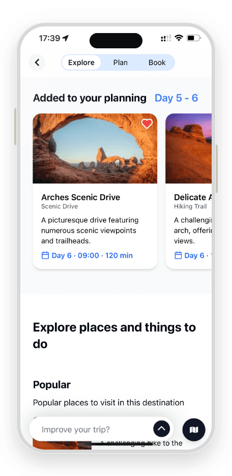 TravelBot — favorited places added to the itinerary with day and time