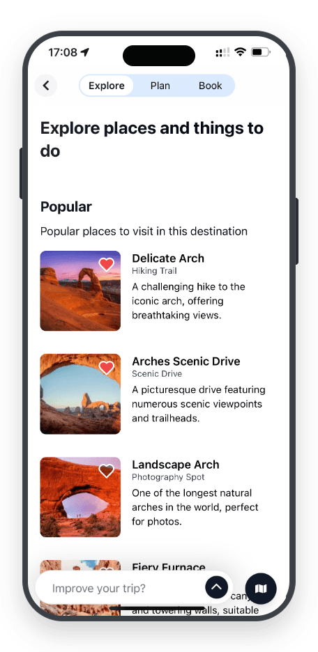 TravelBot — favoriting places in the destination guide on mobile