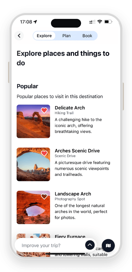 TravelBot — favoriting places in the destination guide on mobile