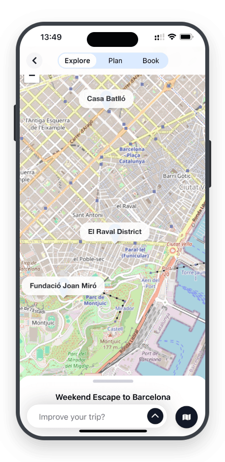 TravelBot map — Barcelona trip with pinned locations across the city