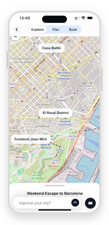 TravelBot map — Barcelona trip with pinned locations across the city