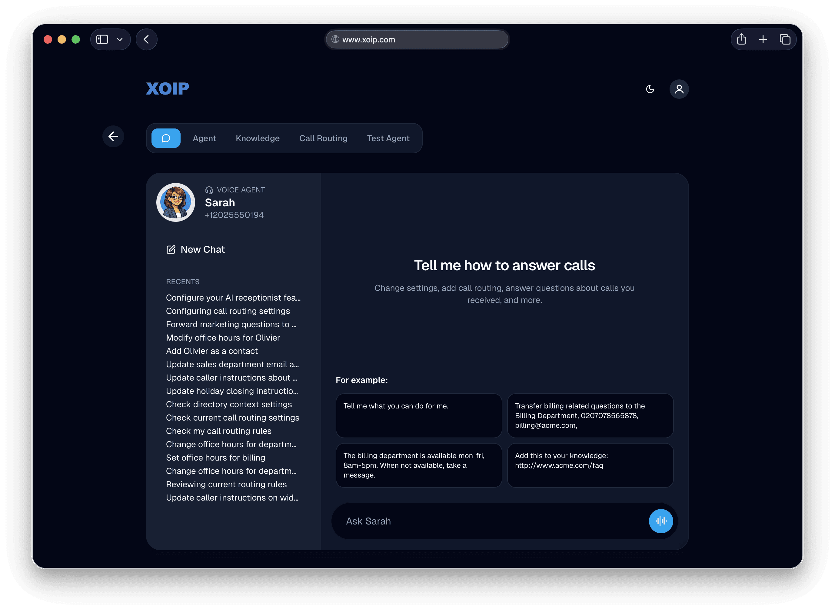 XOIP voice agent chat interface for configuring how calls are answered