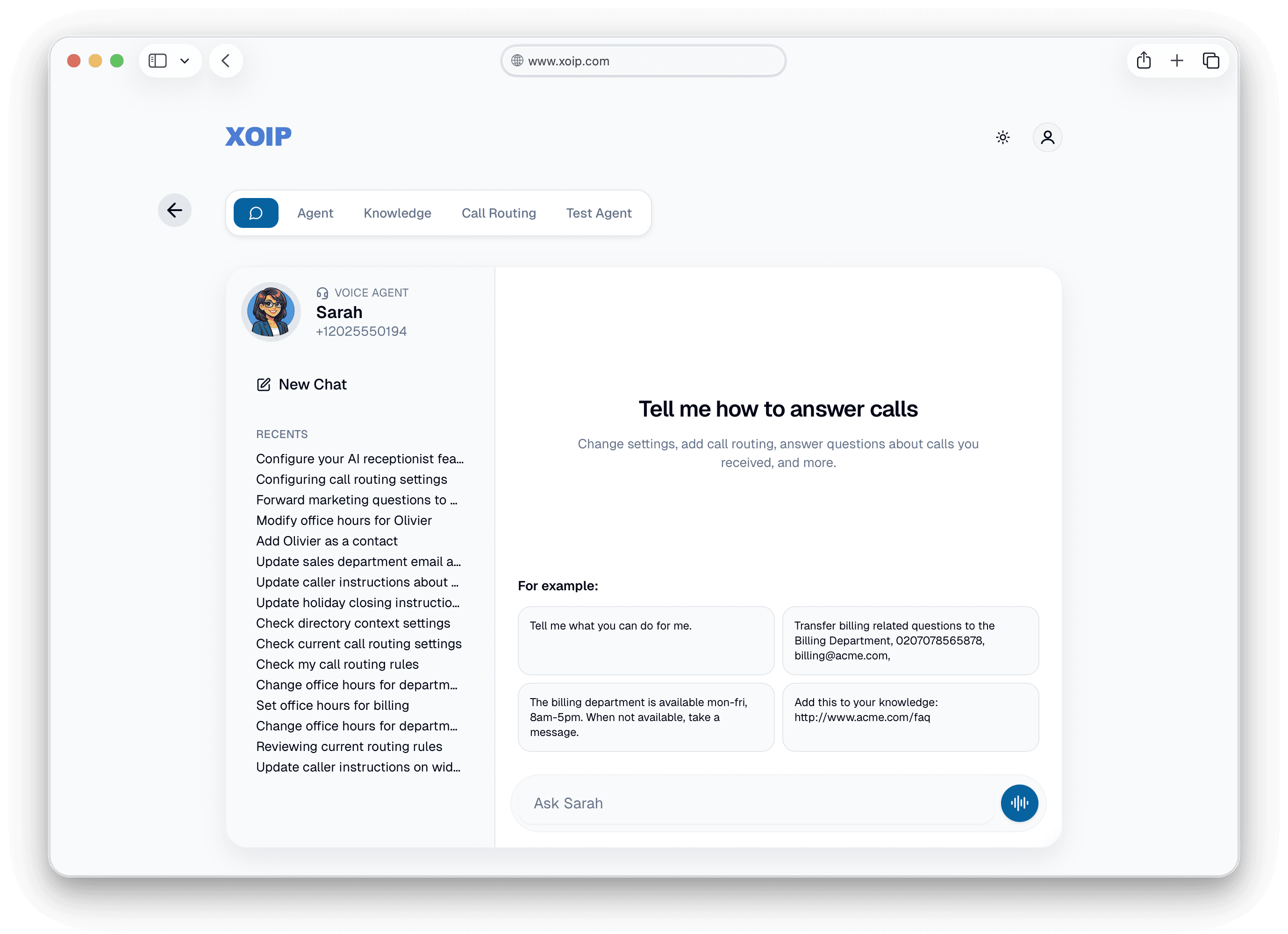 XOIP voice agent chat interface for configuring how calls are answered