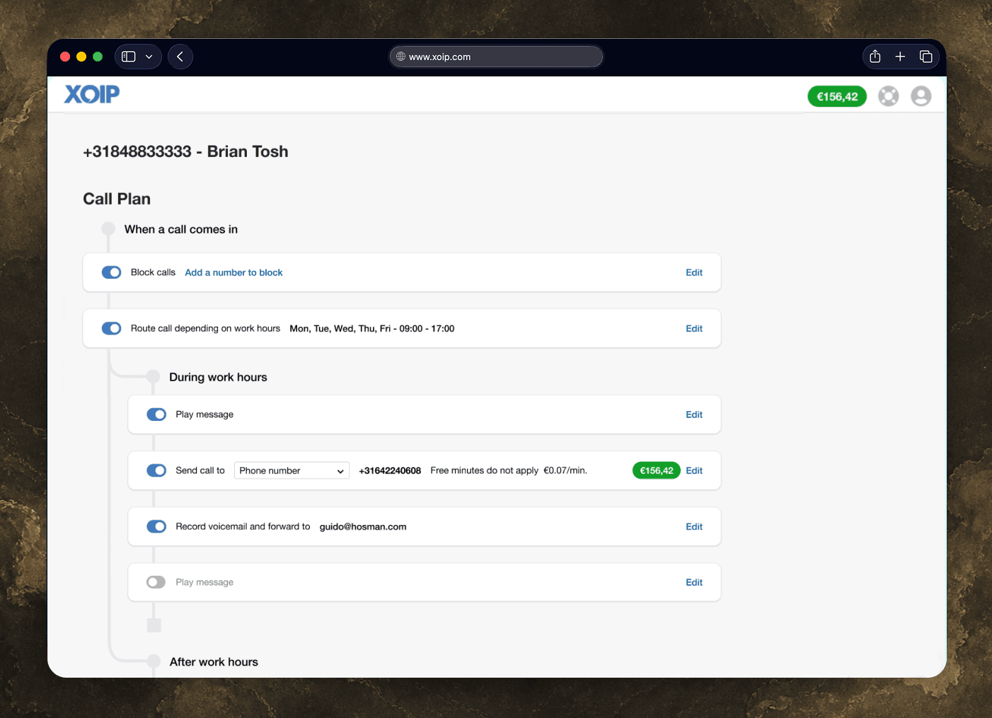 XOIP call plan interface shown in a browser window