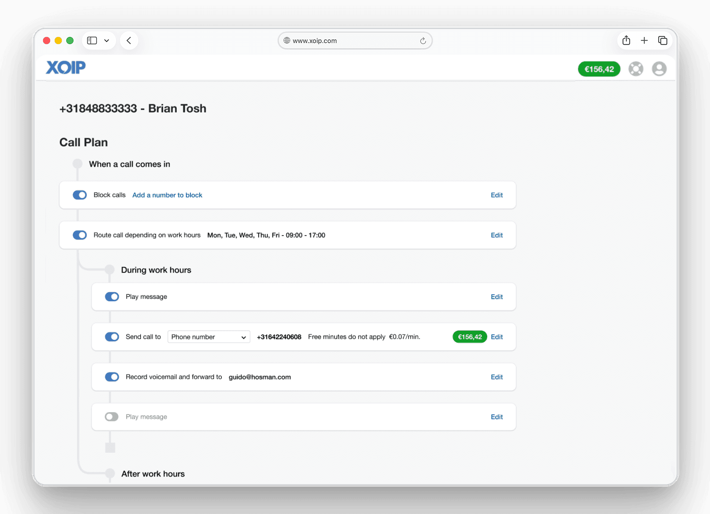 XOIP call plan interface shown in a browser window