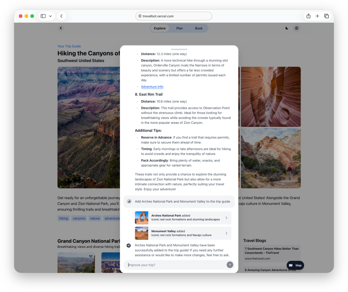 TravelBot AI chat panel — destinations being added to the trip guide in real time