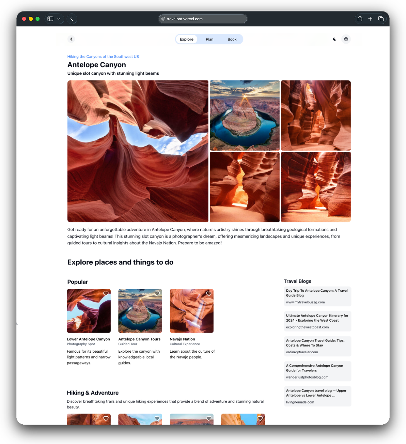 TravelBot destination page in a Safari browser frame with photography, description, and categorized places