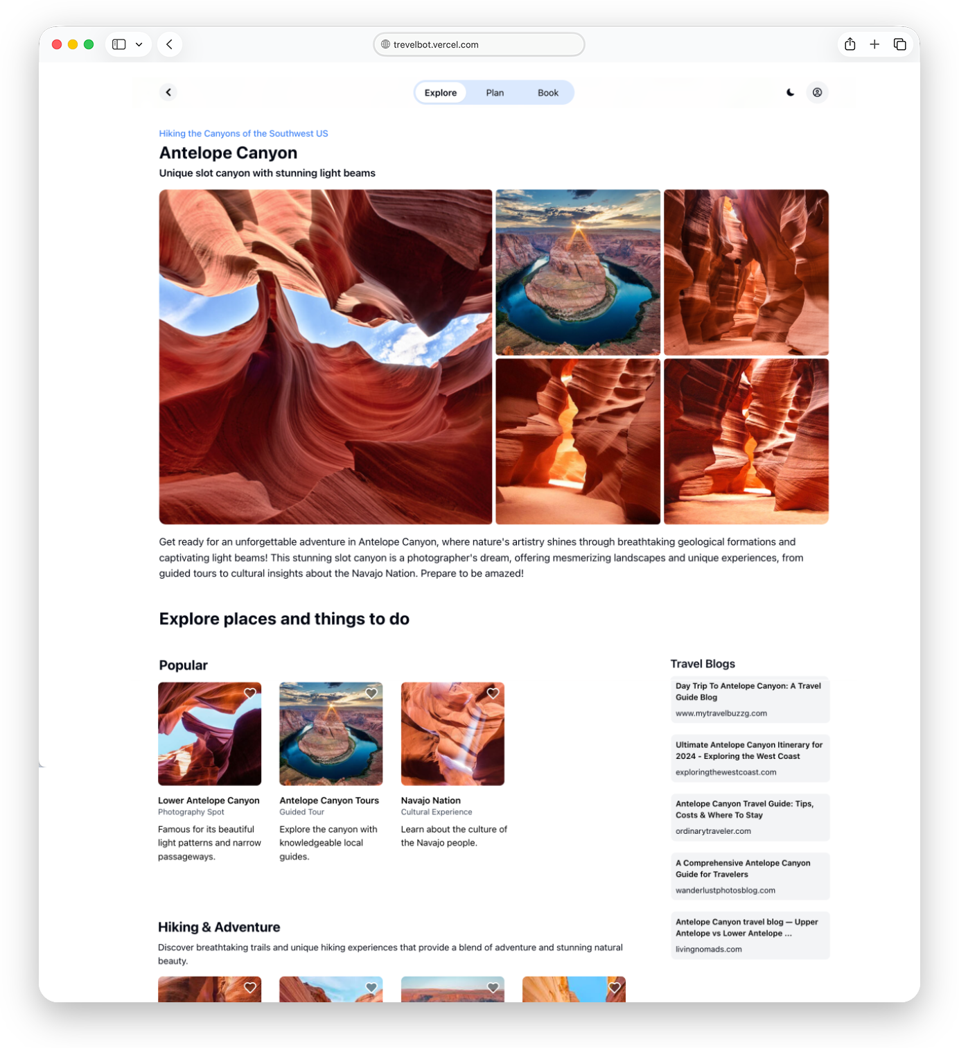 TravelBot destination page in a Safari browser frame with photography, description, and categorized places