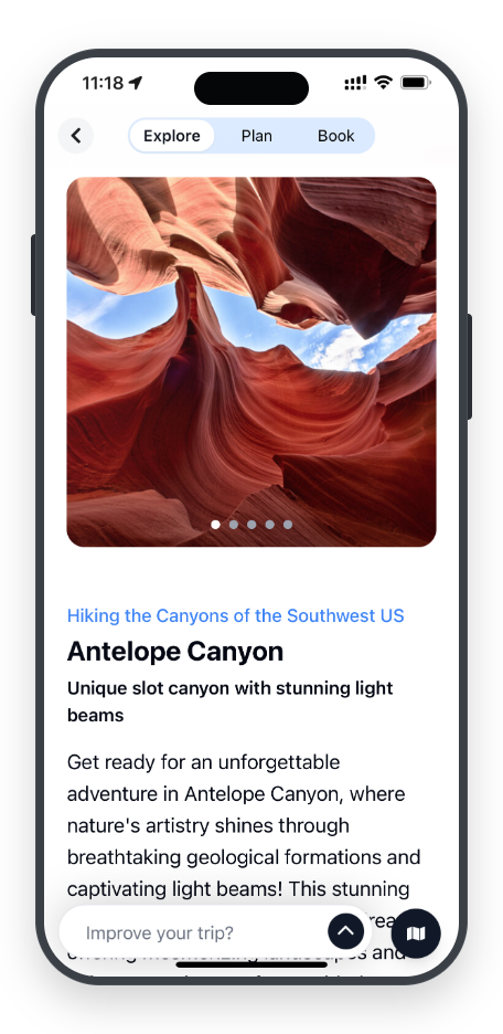 TravelBot destination page — Antelope Canyon mobile, with photo-led destination details