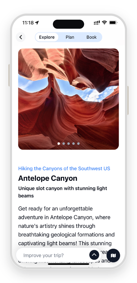TravelBot destination page — Antelope Canyon mobile, with photo-led destination details