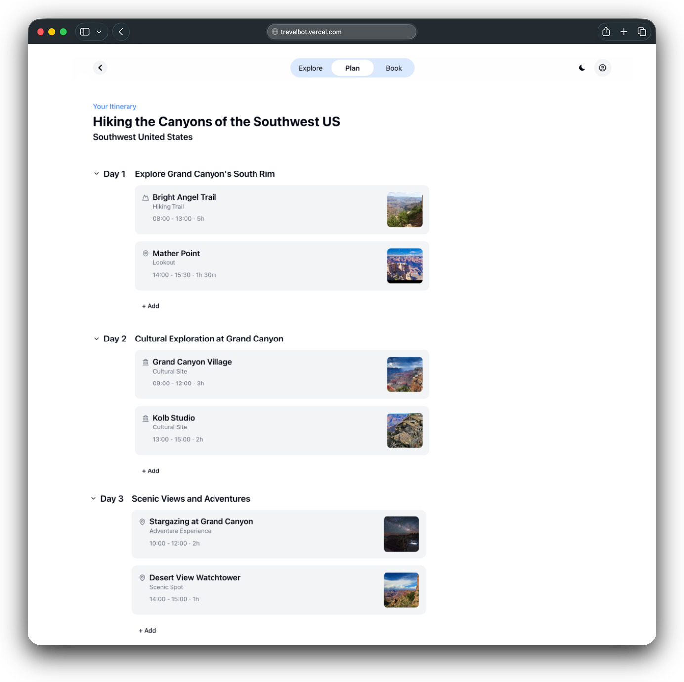 TravelBot itinerary — seven-day Southwest US trip with named days, activities, times, and thumbnails