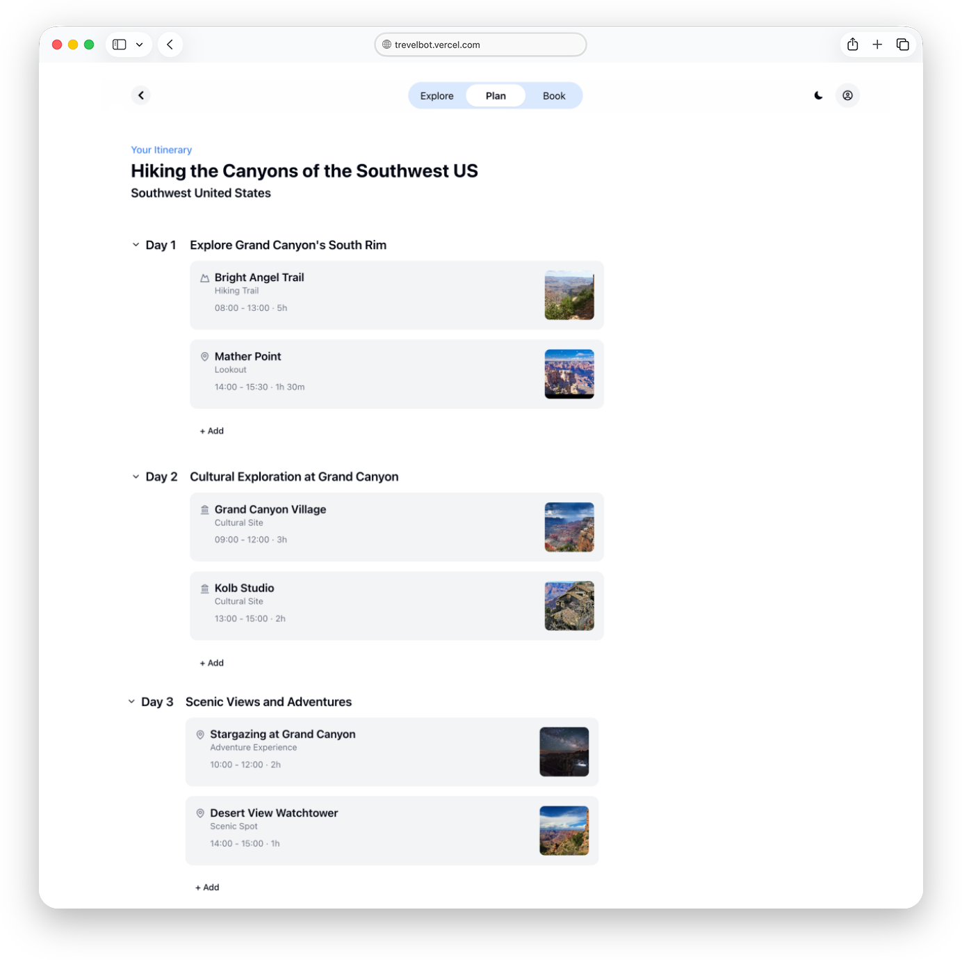 TravelBot itinerary — seven-day Southwest US trip with named days, activities, times, and thumbnails