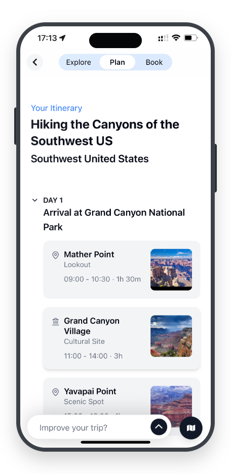 TravelBot itinerary on mobile — Day 1 arrival at Grand Canyon