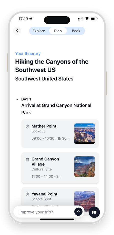 TravelBot itinerary on mobile — Day 1 arrival at Grand Canyon