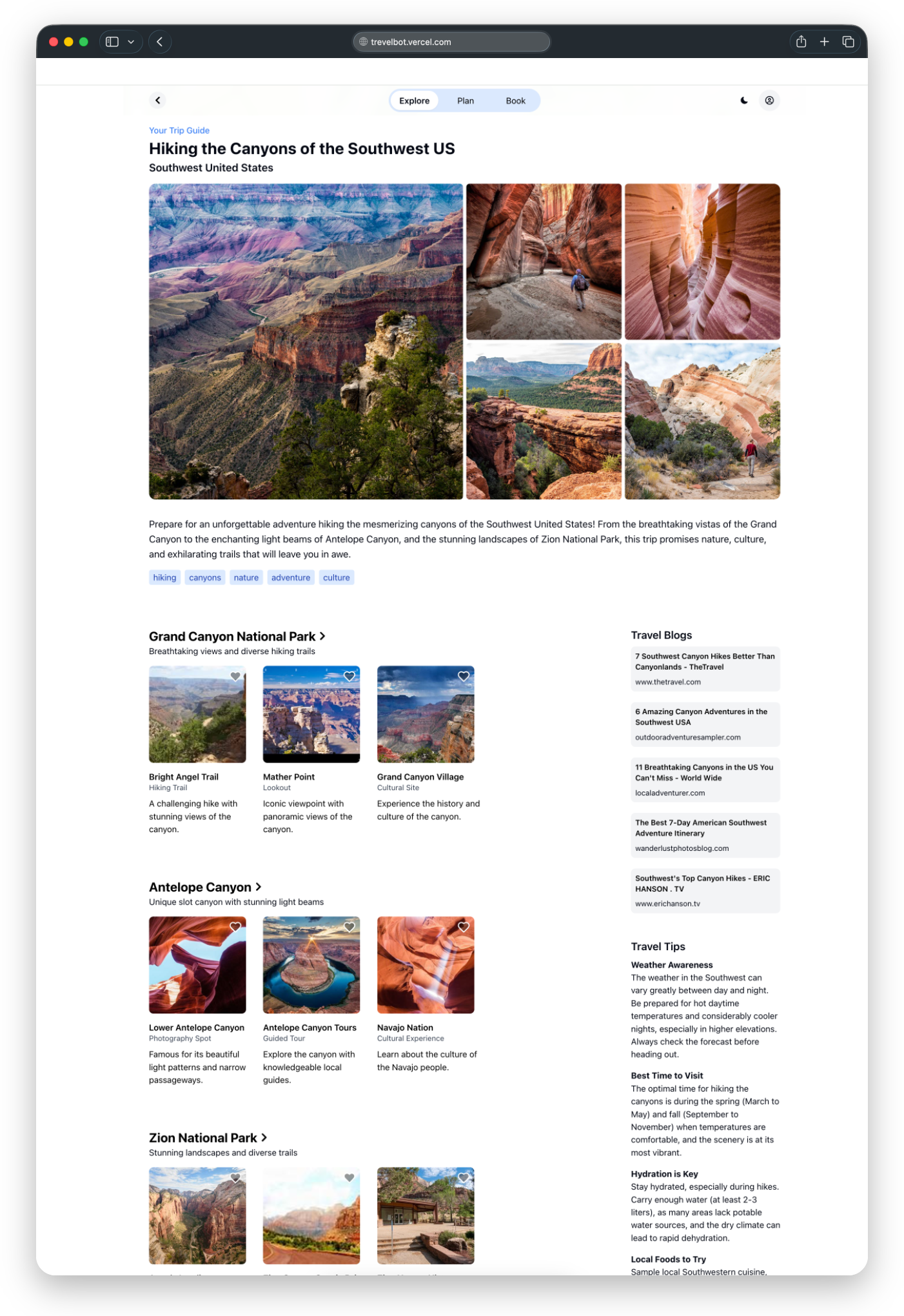 TravelBot full trip guide — Hiking the Canyons of the Southwest US with destinations and places