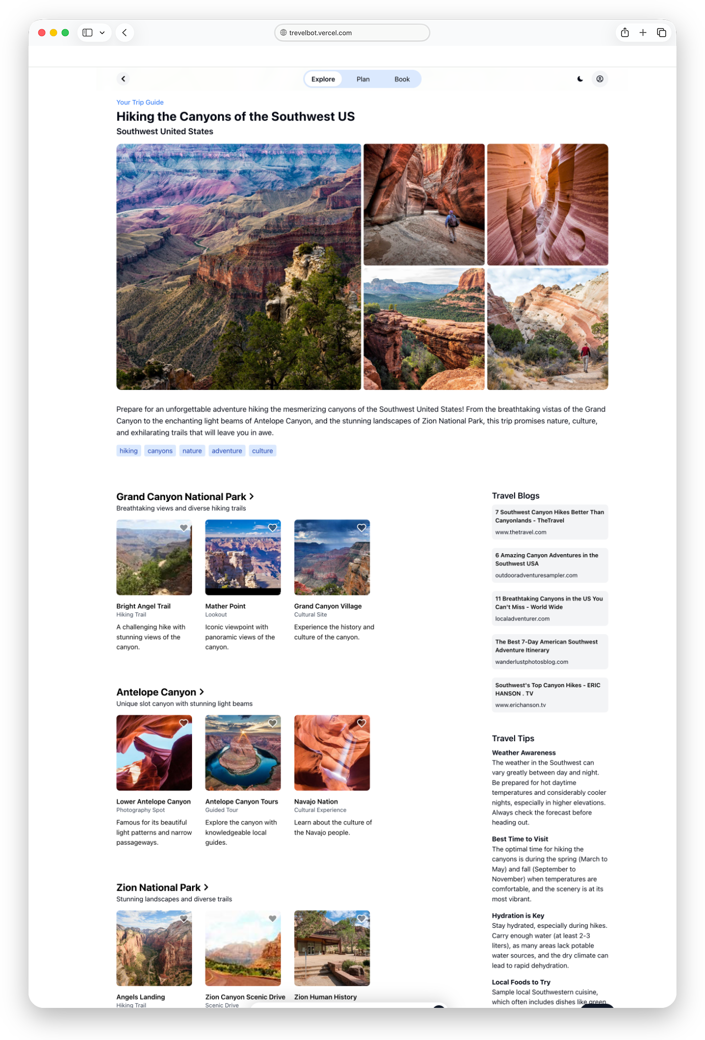 TravelBot full trip guide — Hiking the Canyons of the Southwest US with destinations and places