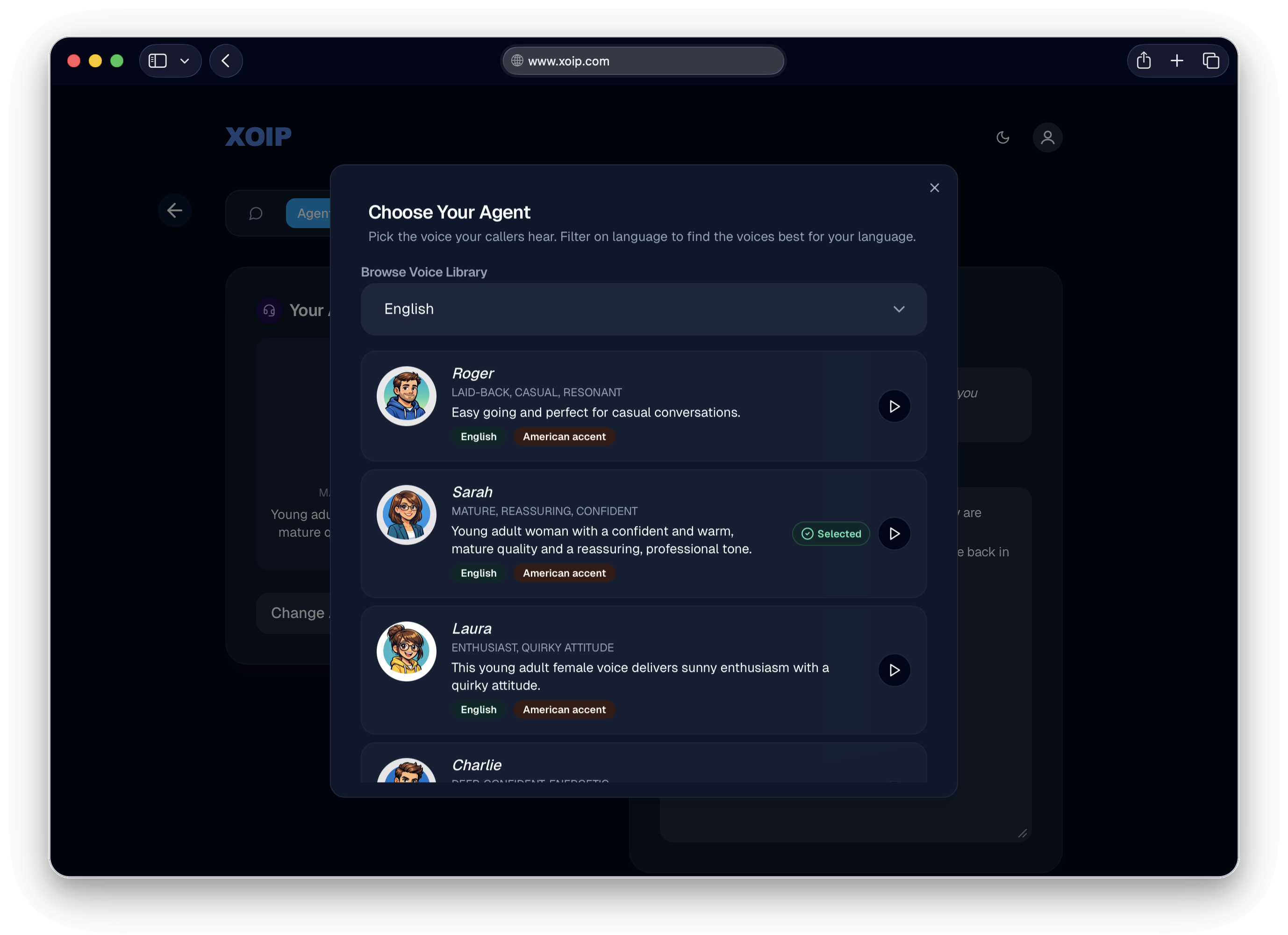 XOIP voice agent picker with named persona options