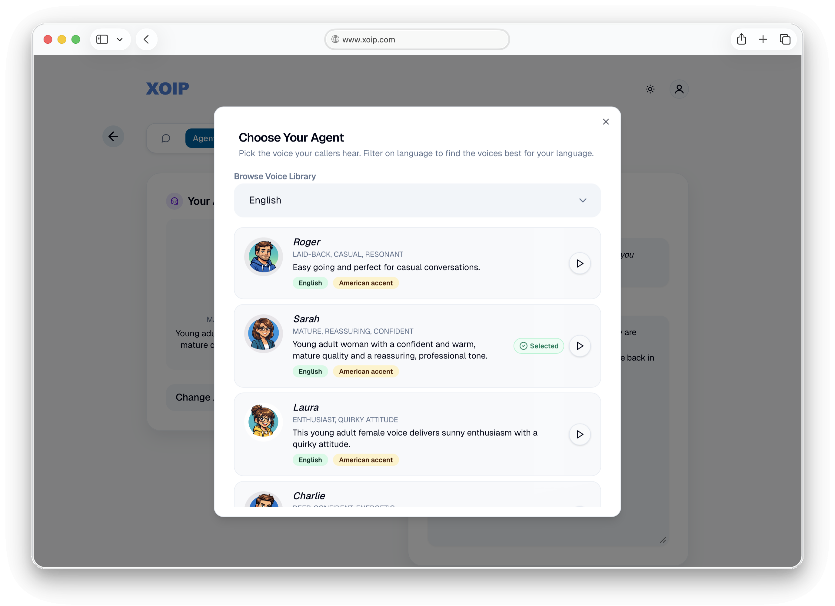 XOIP voice agent picker with named persona options
