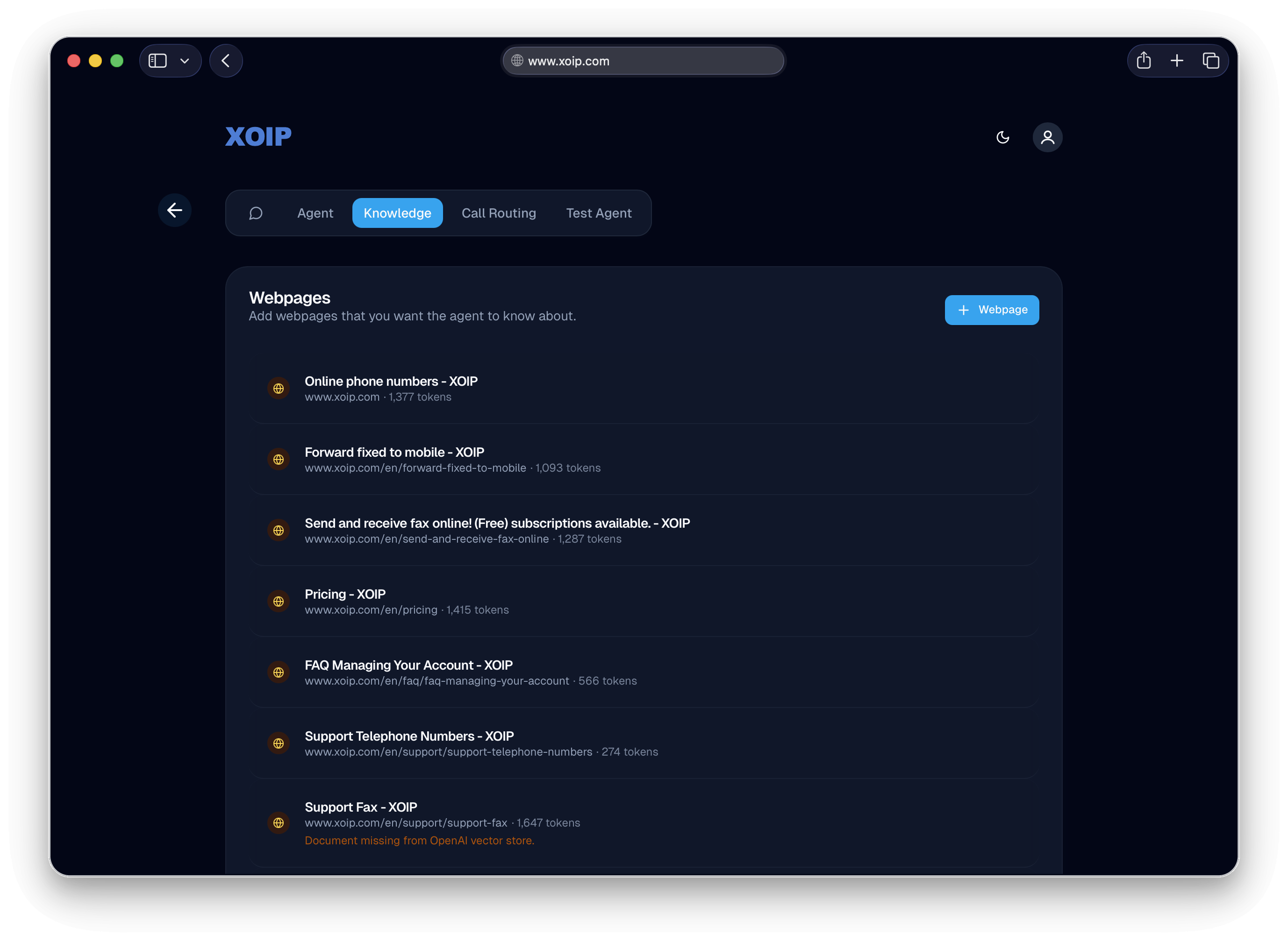 XOIP voice agent knowledge sources and webpages list