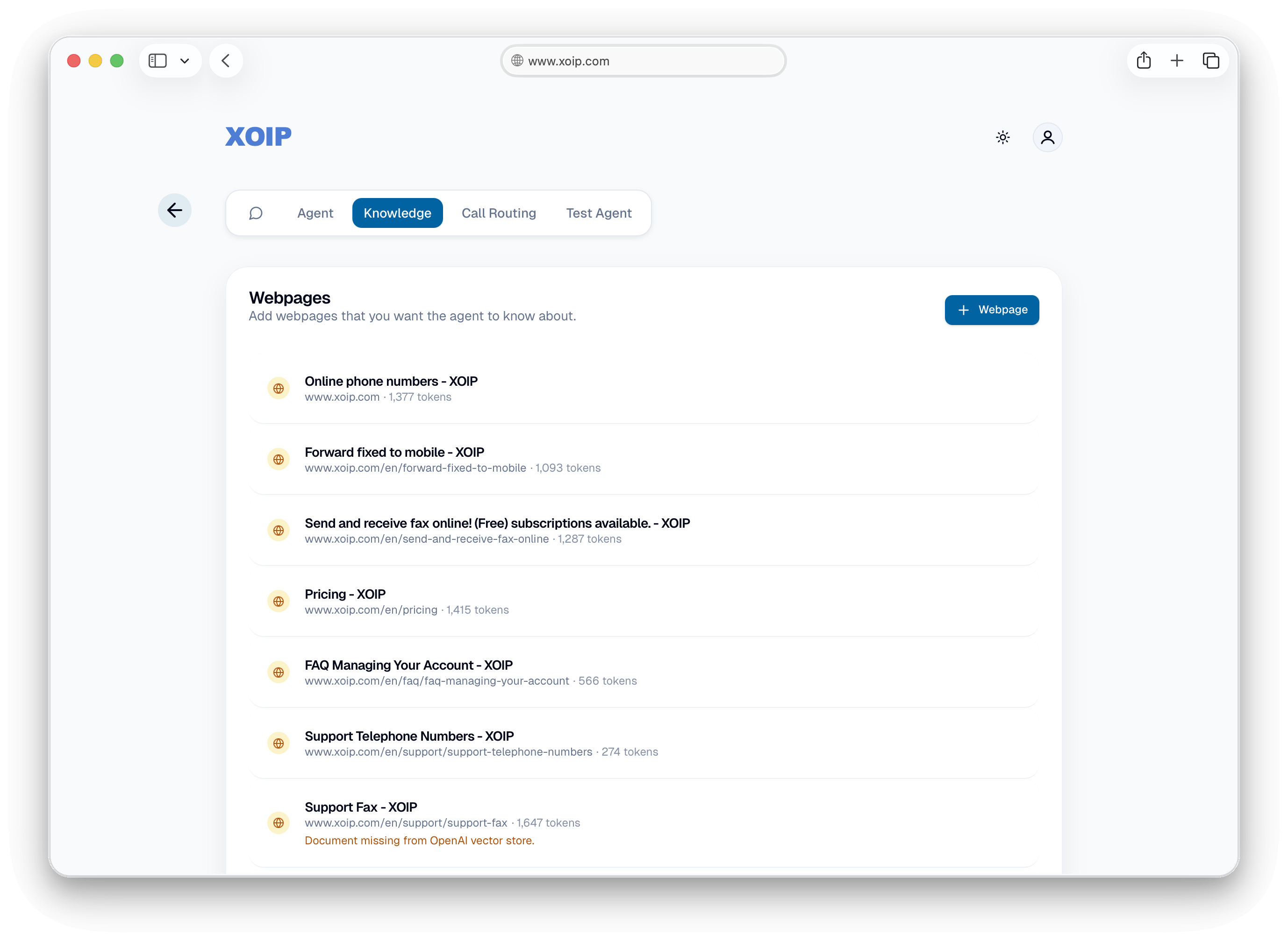 XOIP voice agent knowledge sources and webpages list