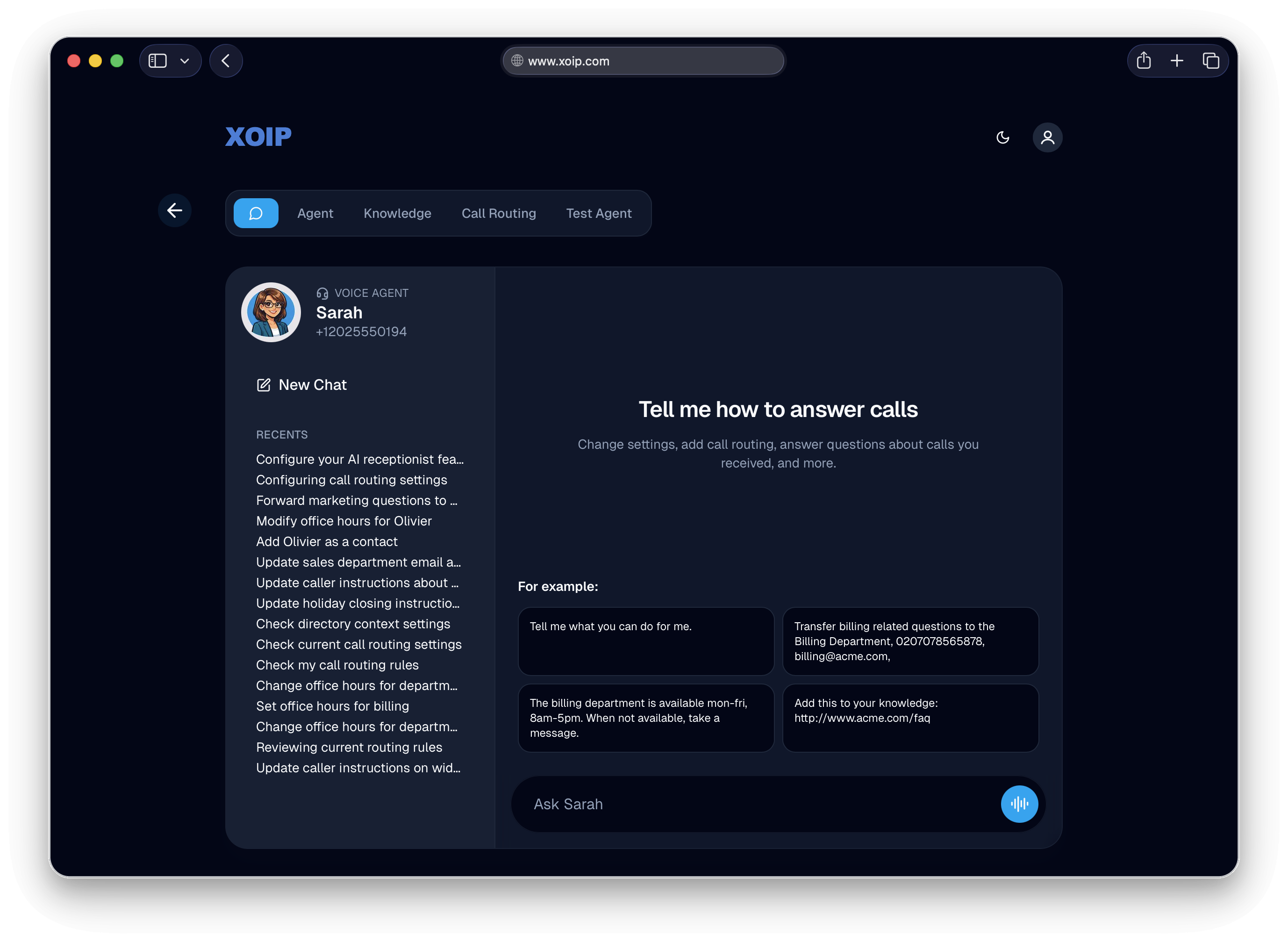 XOIP voice agent chat interface for configuring how calls are answered