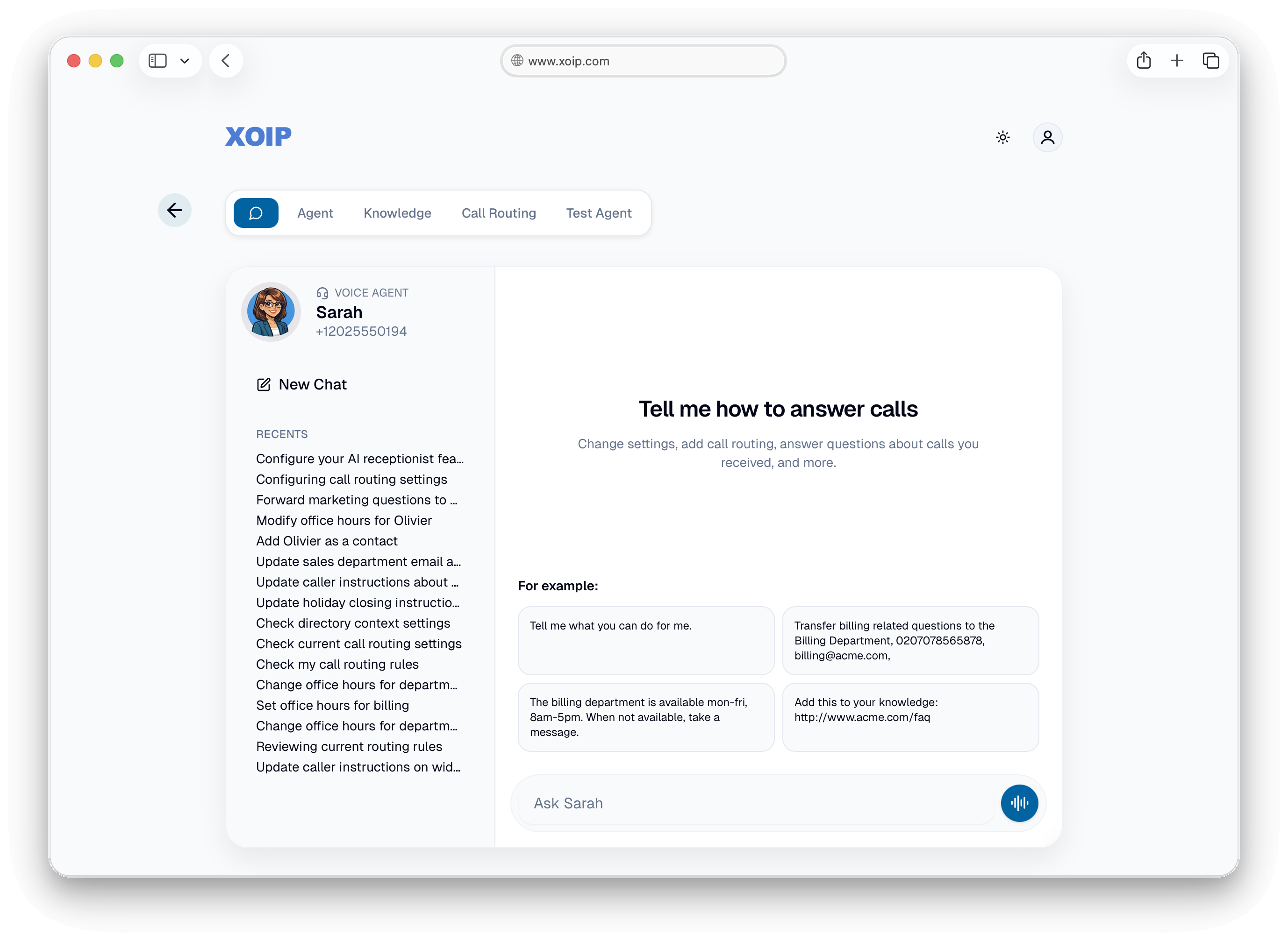 XOIP voice agent chat interface for configuring how calls are answered
