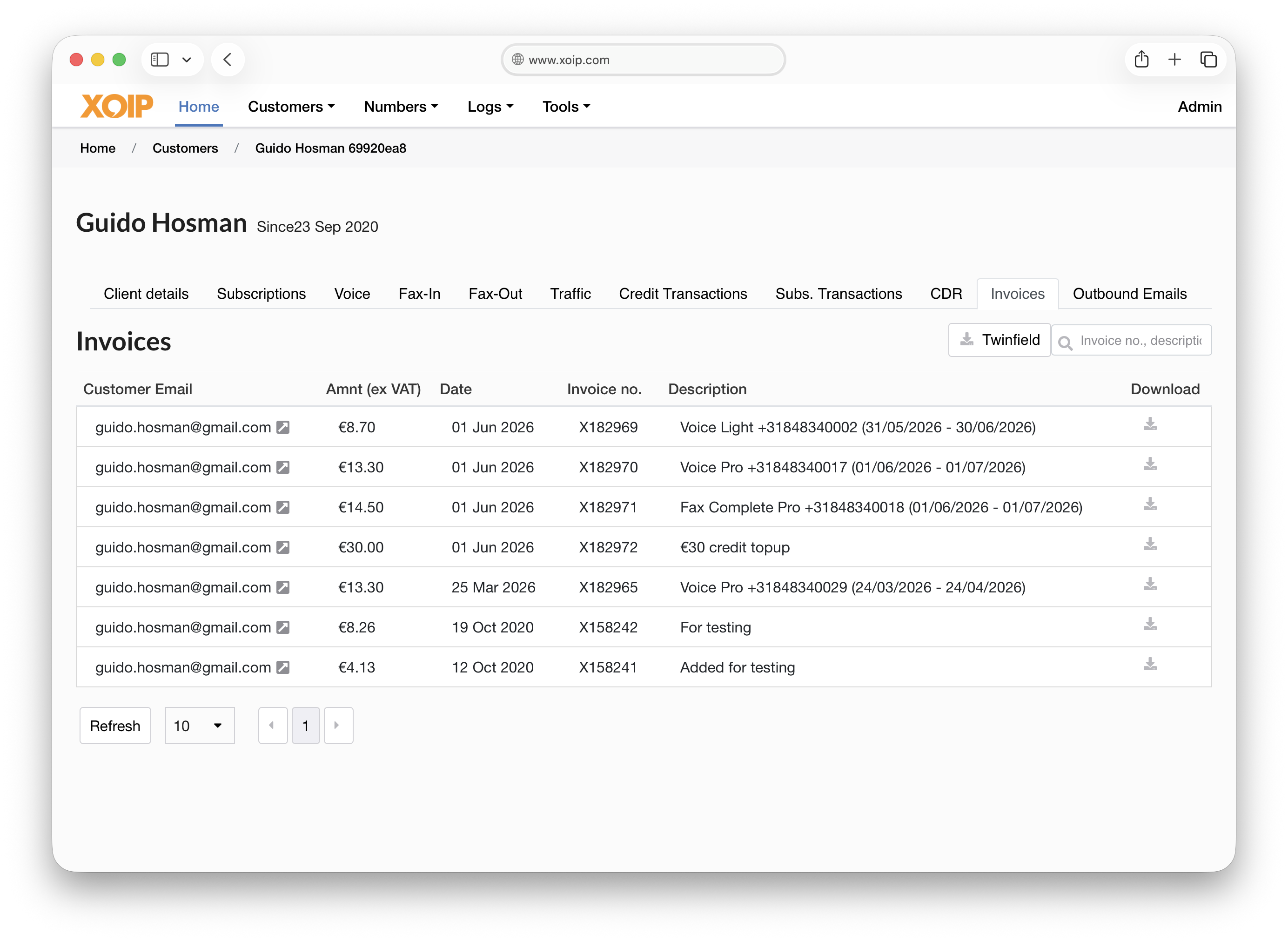 XOIP admin customer invoices view