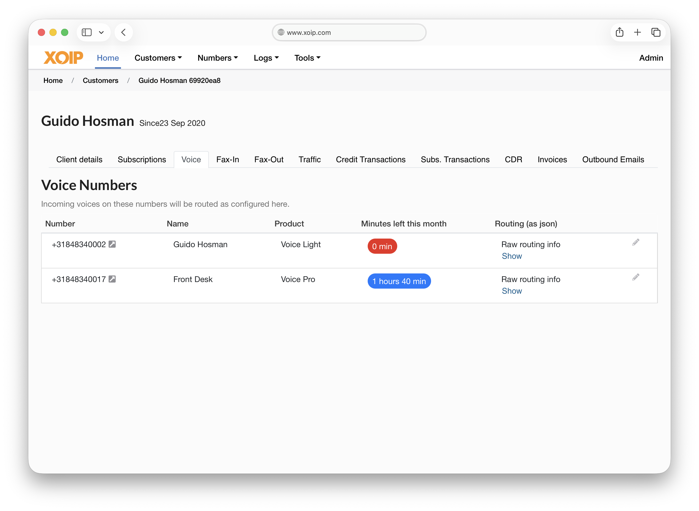 XOIP admin customer voice numbers view showing number assignment and minutes remaining