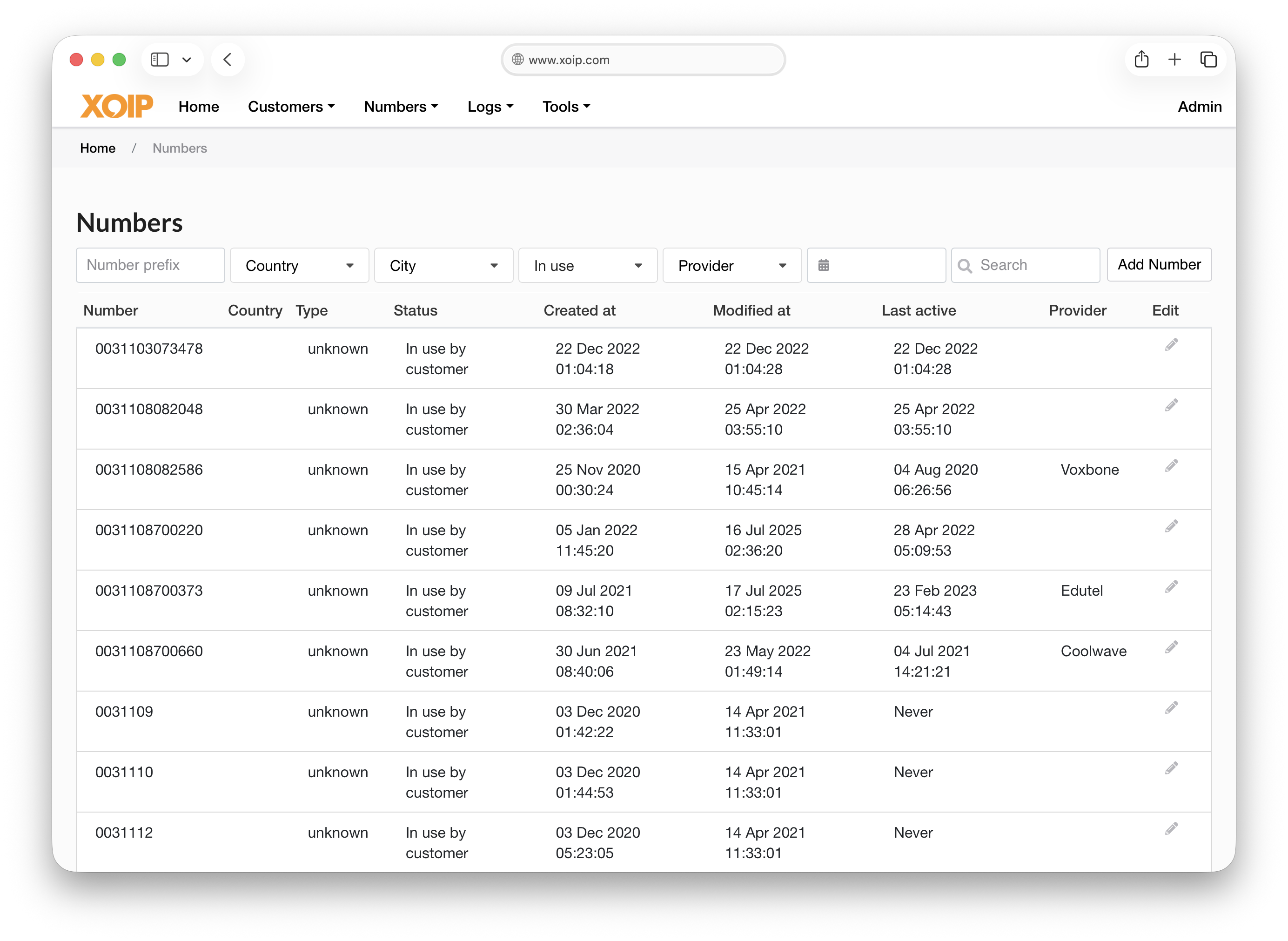 XOIP admin numbers management screen