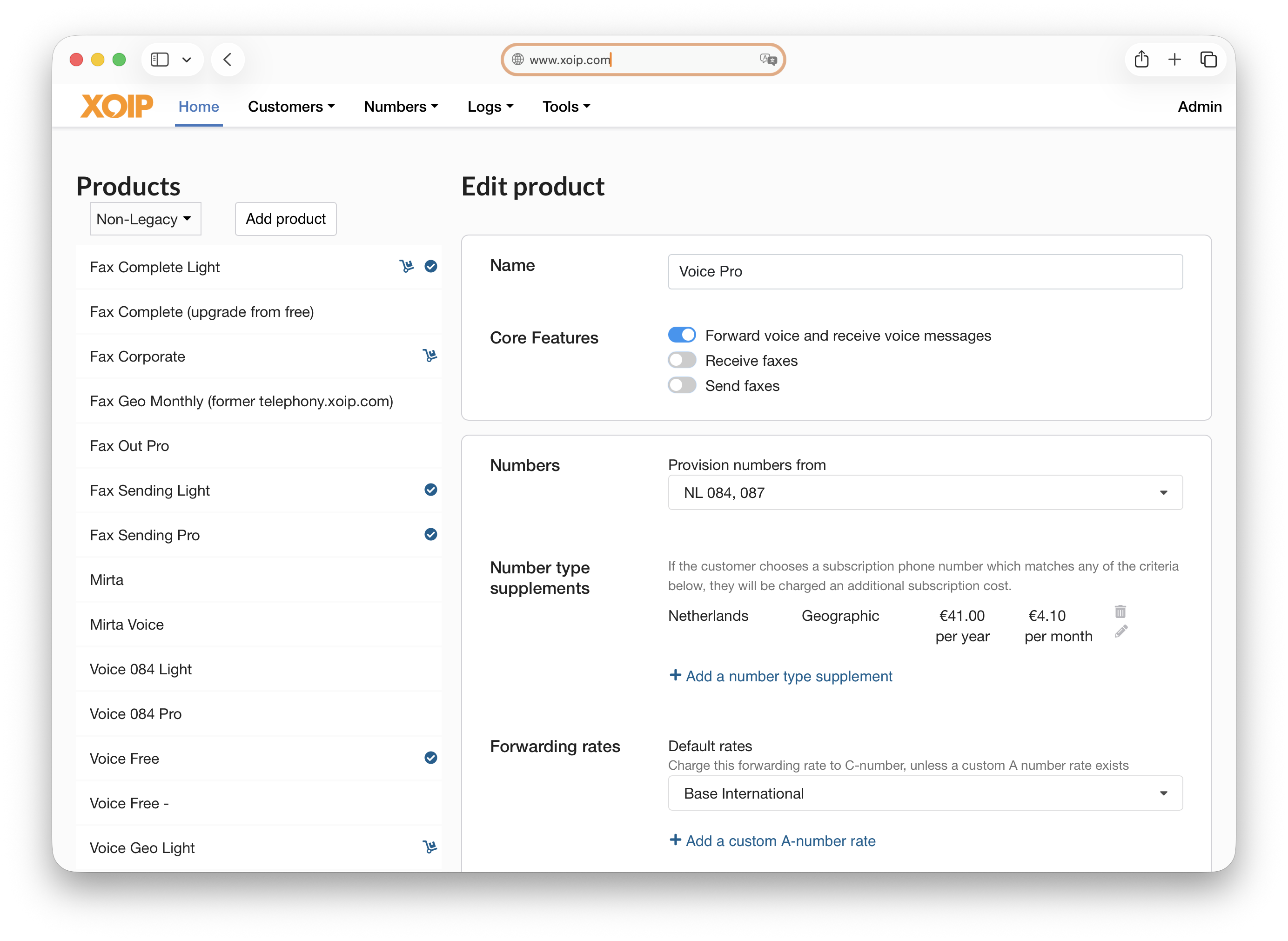 XOIP admin product management screen showing product list and Voice Pro edit panel