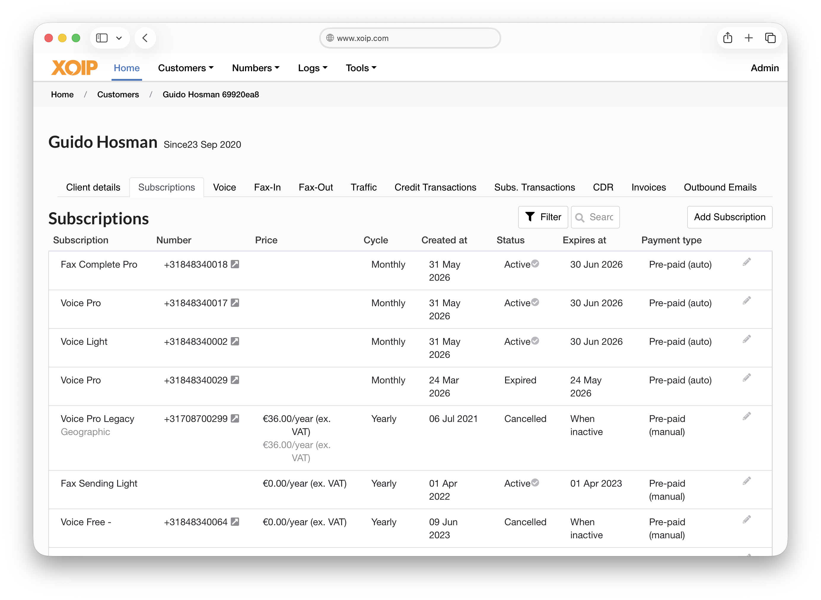 XOIP admin customer subscriptions view