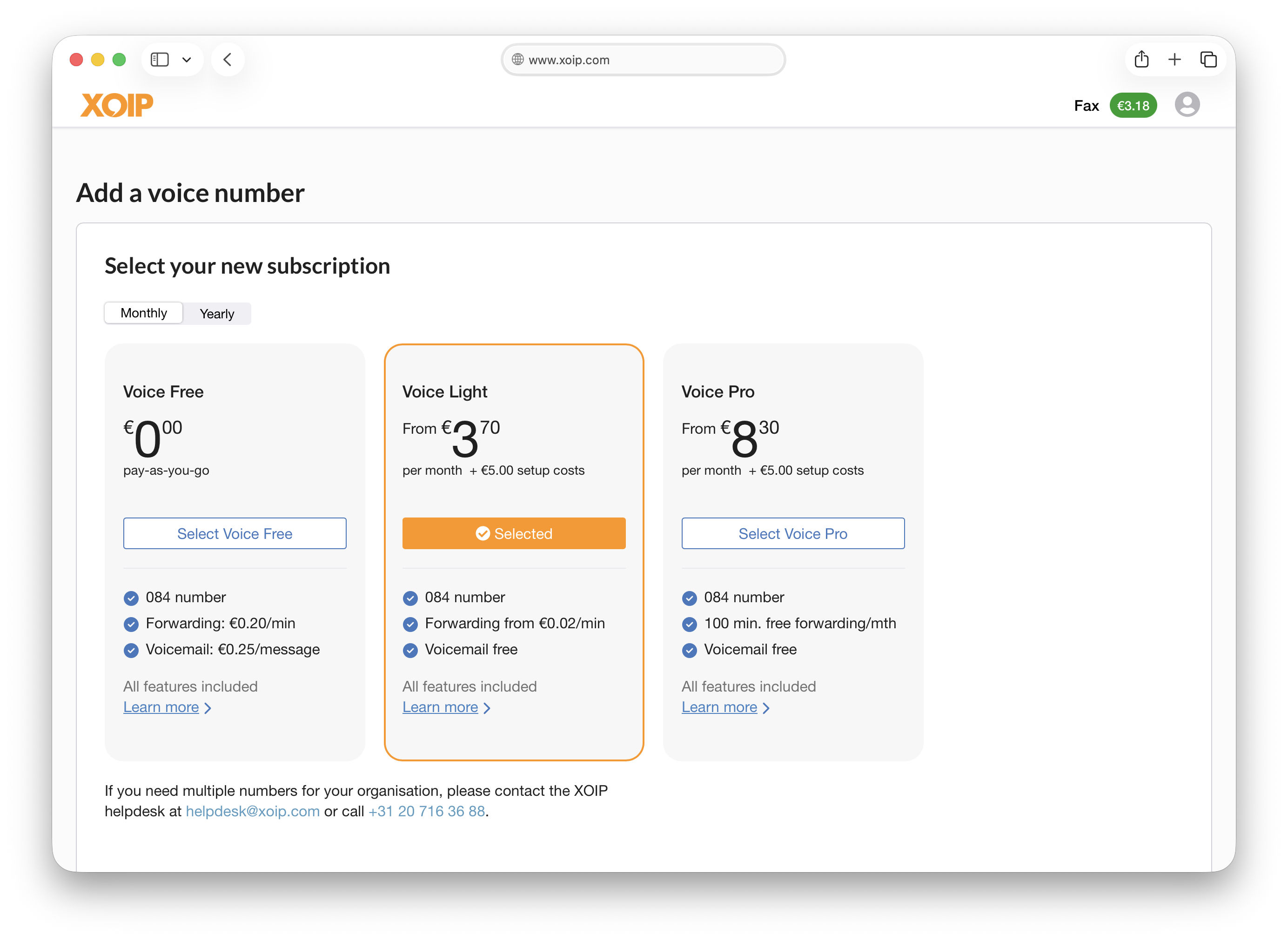 XOIP voice subscription plans — Voice Free, Voice Light, Voice Pro with pricing